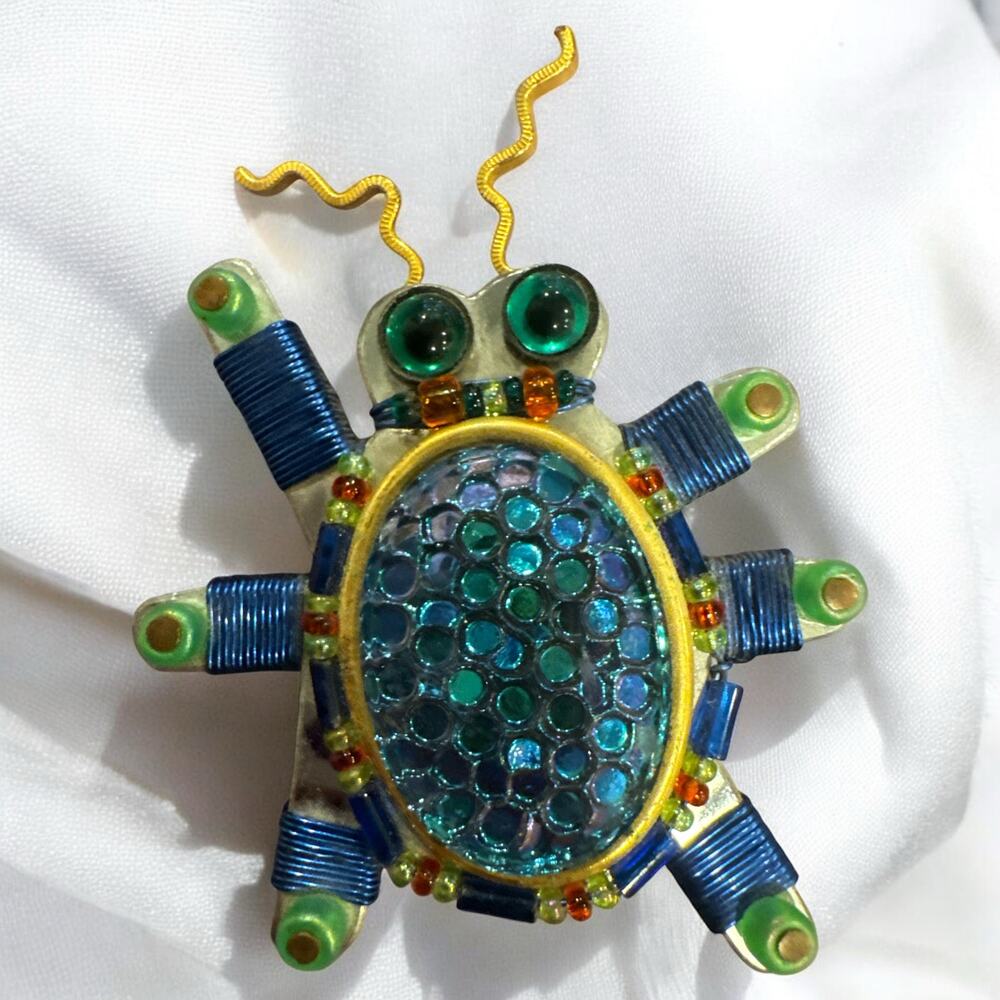 Liztech Artisan Doodle Bug Insect Beetle Brooch Pin, Signed & Dated 2000